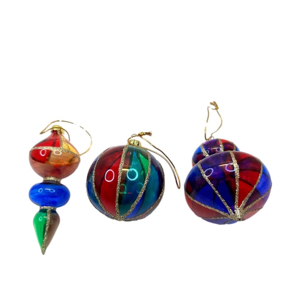Coloured Blocked Glass Ornaments Set of 3 Different Shaped